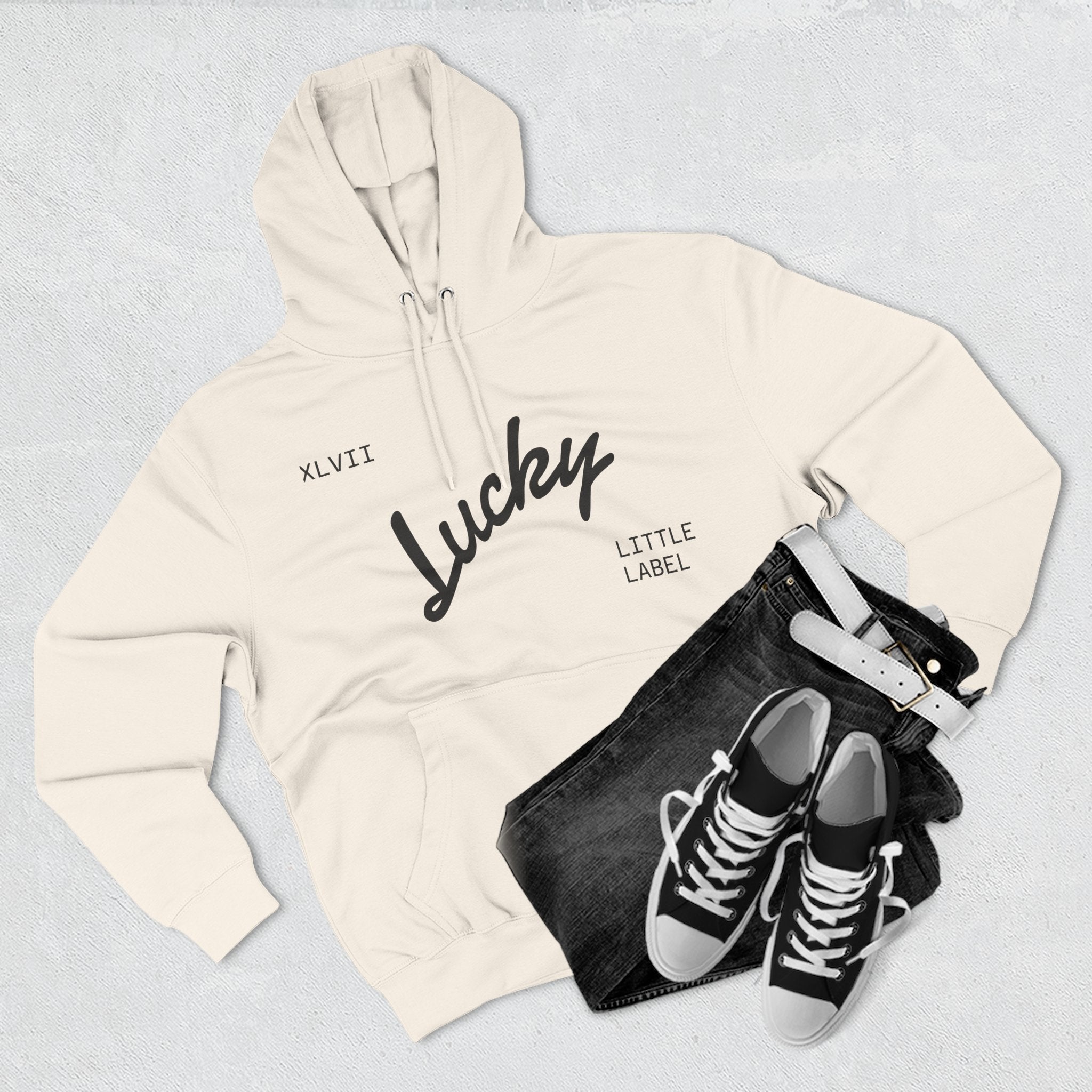 Lucky Little Label Hoodie — Minimal Script Logo Fleece Pullover (EST. 2026)