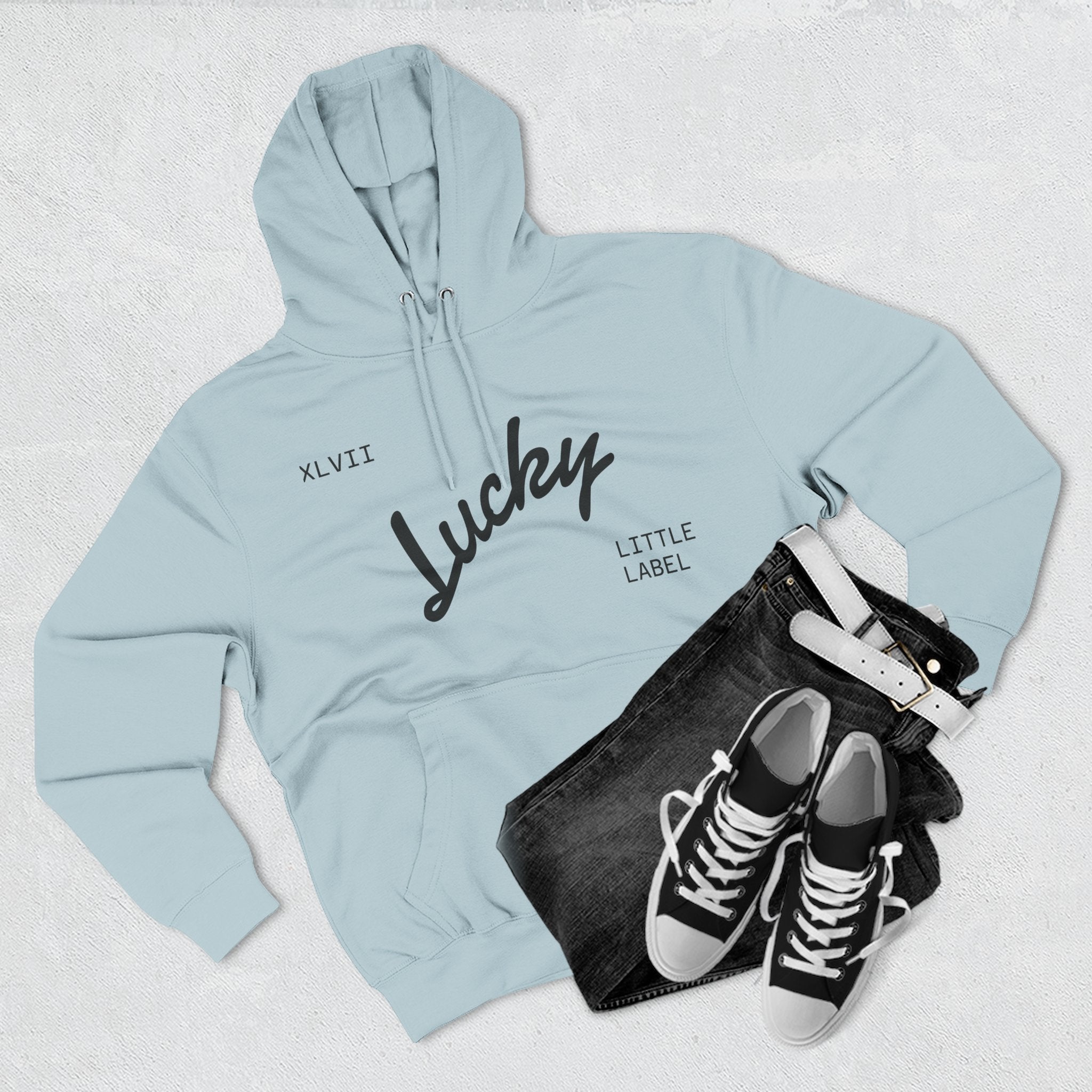 Lucky Little Label Hoodie — Minimal Script Logo Fleece Pullover (EST. 2026)