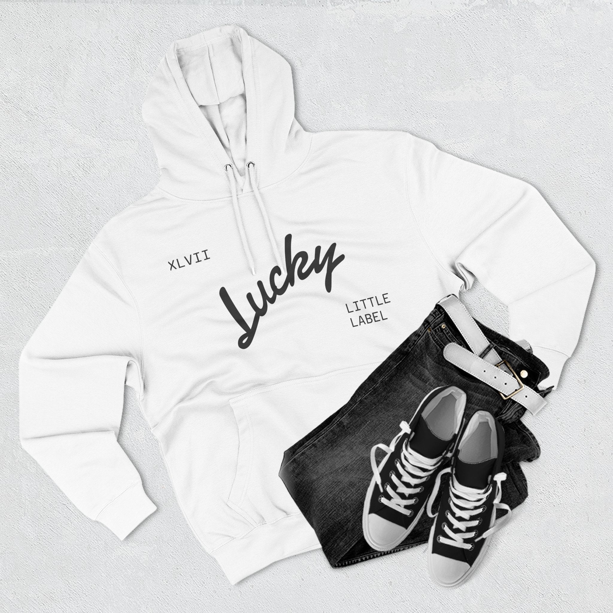 Lucky Little Label Hoodie — Minimal Script Logo Fleece Pullover (EST. 2026)