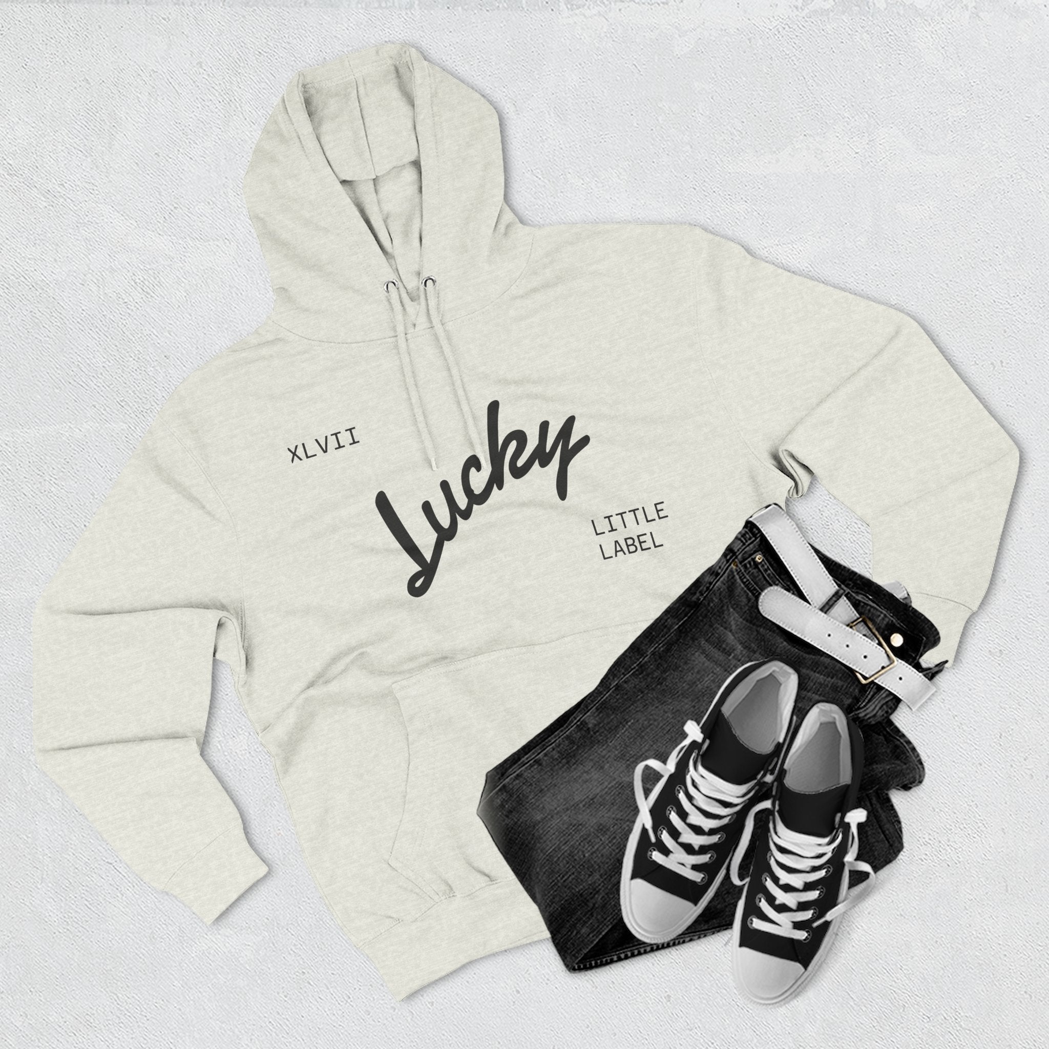 Lucky Little Label Hoodie — Minimal Script Logo Fleece Pullover (EST. 2026)